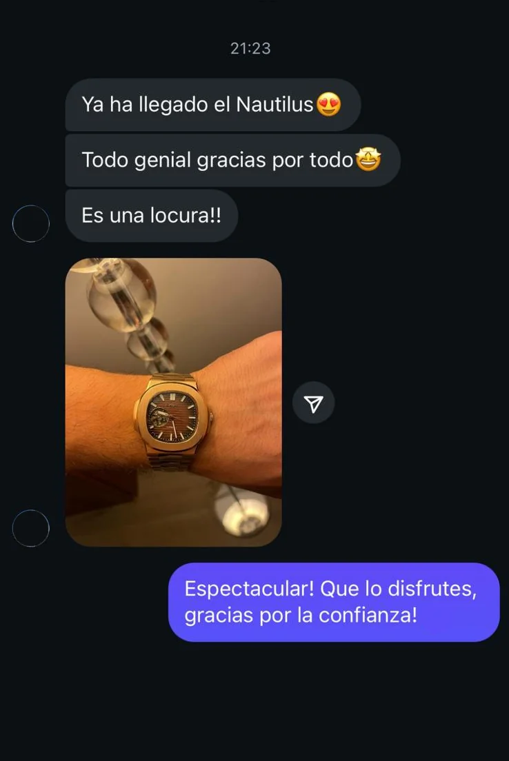 Testimonio de cliente Suite Watch con reloj Nautilus recibido