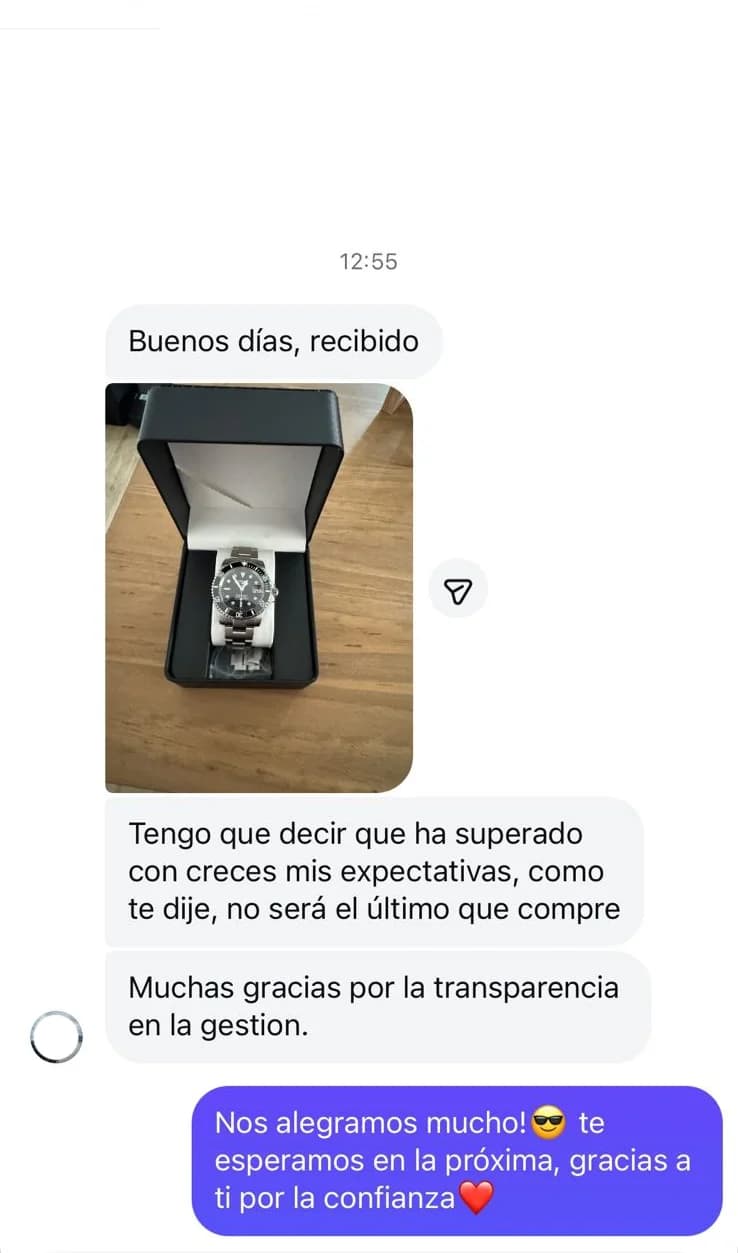 Testimonio de cliente Suite Watch con reloj submariner recibido en estuche
